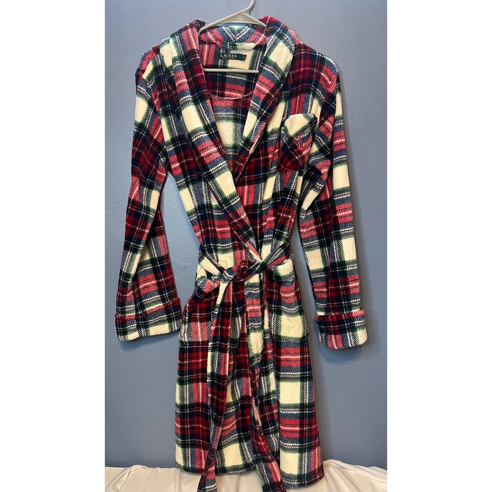 LAUREN Ralph Lauren Womens Small Red Green Plaid Fleece Bathrobe Belted Robe